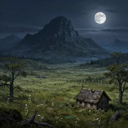 Skeleton infested fields with large mountains in the distance, small cottage in the foreground, nighttime, moon in the night sky, landscape wallpaper, d&d art, fantasy, painted, 4k, high detail, sharp focus