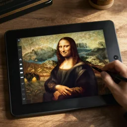 leonardo davinci creating art using a drawing tablet