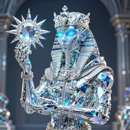hyper detailed ultra sharp portrait of vietnamese people and bladerunner delicate neon diamond sculpture of seductive albino pharaoh nick jonas, diamond sphinx blue iridescent humanoid deity wearing metallic hoody made out of hands holding the sun prismatic dungeon, glowing blue face, crown of white diamonds, cinematic lighting, photorealistic, octane render 8 k depth of field 3 d