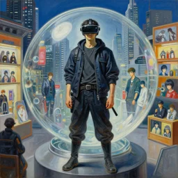 portrait full body samurai cyberpunk glass sphere vr futur beijing city shop by gaston bussiere, greg rutkowski, yoji shinkawa, yoshitaka amano, moebius, tsutomu nihei, donato giancola, tim hildebrandt, oil on canvas, trending onartstation, featured on pixiv, cinematic composition, extreme detail