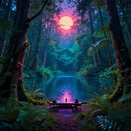 urbex by david hockney, vaporwave neon noir nature scumm bar forest dramatic lighting rainforest hyperrealism steampunk laser fisheye thermal imaging lake cosmic morning sun, archdaily, wallpaper, highly detailed, trending on artstation.