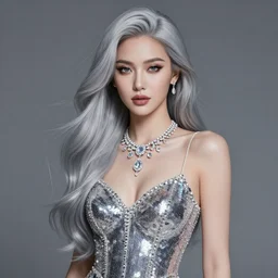 a woman in a sequin dress, beautiful crystal necklace, long silver hair, digital art, airbrush, by ilya kuvshinov, krenz cushart, trending on artstation,