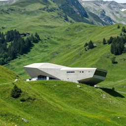 lush and beautiful green mountain landscape, with a brutalist futuristic building, architecture, unpainted concrete, swiss alps, dolomites, by aalto alvar, by ando tadao, by chipperfield david, frank lloyd wright, by peter zumthor