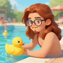 a beautiful cute german guy with very long chestnut! hair, with glasses and goatee, attending a swimming pool tour, playing with rubber duck, digital painting, concept art, matte, artgerma and greg rutkowski
