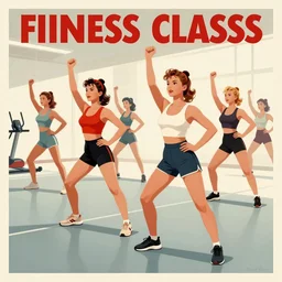 girls group fitness class in a gym, very coherent, 1 9 5 0 s propaganda poster art, four tone, muted colors