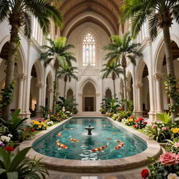 beautiful grand cathedral interior with!! koi pond!! in the! middle! surrounded by palm trees, ivy, flowers!!, tropical plants, roses!!, and with archways, rendered in octane render with photorealistic volumetric cinematic lighting, wide angle, horizontal symmetry, 8 k