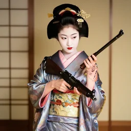 geisha in shiny kimono holding a machine gun,
