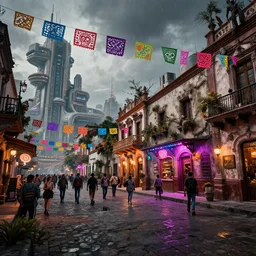 cinematic titled angled view action shot of a postapocalyptic futuristic small mexican town cobbled kiosko central town square, blade runner 2 0 2 9 guanajuato alleys, hanging mexican dia de muertos paper decorations, futuristic colonial city architecture, crowded, angled shot, environmental lighting, stromy weather, ray tracing, amazing view, highly detailed, neon shops, octane render, unreal engine 5, 4 k
