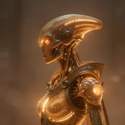 sophisticated portrait of glowing, warm, atmospheric, misty, leds, futuristic cybernetic warrior alien in profile, highly intricate, detailed humanoid, trending on artstation