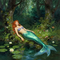 art of a mermaid resting in a dense forest near a pond with water lilies by greg rutkowski, artgerm, artstation, wlop, 8 k,