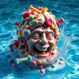 a funny sculpture of a squashed human head wrapped in funny stuff and sweets on ocean water, funny face, brain, giant bubbles, juicy jelly, realistic water splashes, water art, vibrant, in the style of mike campau, cg render, ray tracing, 8 k resolution, sharp