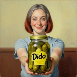 a smiling girl with short grey red hair proudly holding a fido jar into the camera. the jar is filled with big green pickles. painting by salvador dali