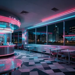 wide angle photo of 60‘s retro diner interior, neon-decorated urban on night in the city seen through the window,modern interior design, architectural design, vintage, night blade runner, dark, postapocalyptic, clean lines, 4k, octane, colorful ,lunarcore city seen at distance outside, big windows,octane, wide angle