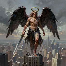a demonic angel with a broken halo wielding a jagged broken blade standing on top of a skyscraper in new york city in the style of leonard boyarsky in the style of frank frazetta trending on artstation deviantart pinterest hyper detailed photorealistic highlights and shadow hd 8 k post - processing high resolution