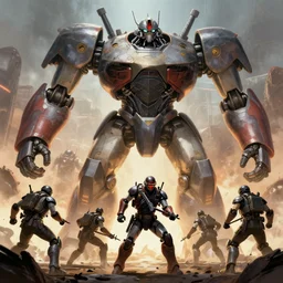 comic book art of troops against giant robots during war, hyperdetailed, artstation, cgsociety, 8 k