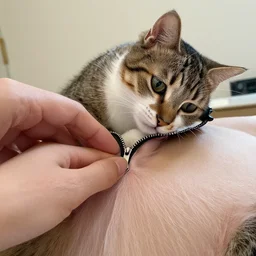 a cat unzipping his human skin