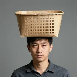 a man who has a paper basket made of grid on his head