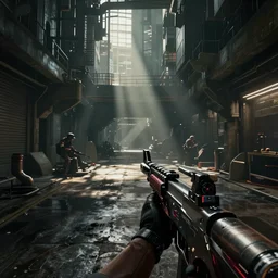 photoreal gameplay screenshot of a fps shooter cyberpunk destiny in an underground city. Atmospheric and ominous lighting by Joe McNally