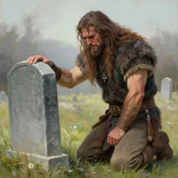 Fierce male barbarian kneeling down and crying at his lover's gravestone, sad, pastel painting, realistic, emotional, manly, trending on artstation