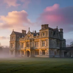 cinematic shot of an old english mansion, manor house, clear construction, misty, first light, vibrant, concept art, dramatic clouds, soft light, by greg rutkowski and and eytan zana