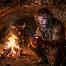 “colur photo an homo Neanderthal watching his iPhone in front of a cave close to a fire coocking a bull, photoreal photojournalism, National Geographic style”