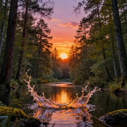 sunset pond forest splash art graphic design color splash high contrasting art, fantasy, highly detailed, art by greg rutkowski