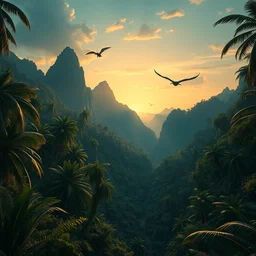 an award winning digital artwork of a lush prehistoric jungle chasm with tall mountains in the background, pterosaurs flying at a distance, stunning, washed out colors, professional, master level composition, volumetric lighting, sunset, photorealistic