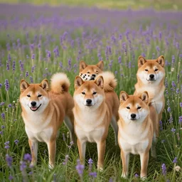 A group of Shiba Inus in levander field, 8k UHD, Nature photography, high detail, High quality, stunning lighting, beautiful lighting,