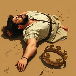 a man sprawled prostrate on the ground in surrender, a crown laying beside him, limited earth tone neutral palette, by anton fadeev, will barnet, darwyn cooke beautiful graphic full body portrait, propaganda poster art 1 9 7 0 s illustrated advertising art, painterly character design