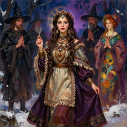 pulp art, gorgeous maid, long hair brunette russian girl at witch ritual, wooden jewerly, elegant, boho poncho and long maxi dress, winter, dark mood, vibrant, smooth, by ilya kuvshinov, craig mullins, edgar maxence, alphonse mucha, artgerm, sakimichan