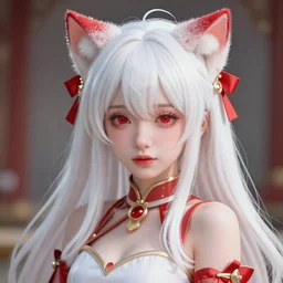 beautiful albino Asian girl nekomimi, unreal engine octane, red and white, gliter, depth of field,detailed, 8k