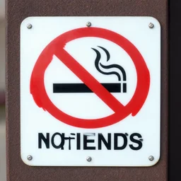 sign saying no friends. in the style of no smoke sign.