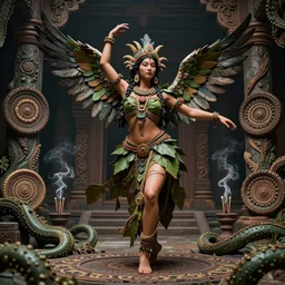an immaculate render of a dancing tribal goddess adorned with leaves and cables and bird wings parts in a temple surrounded by wild tentacles made from mandalas and incense smoke, full body, perfect face, powerful, cinematic, beautifully lit, by artgerm, by karol bak, 3 d, trending on artstation, octane render, 8 k