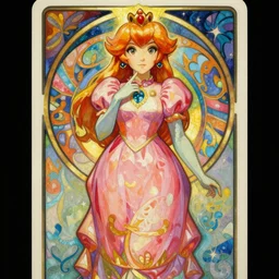 full length painting of princess peach art nouveau, tarot card by mucha, gaudy colors, sharp edges, intricate linework.