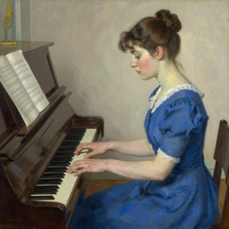 woman in a blue dress playing the piano, by george bellows
