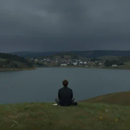 man sitting on hill infront of a lake with a village in the distance, dark gloomy weather, matte painting