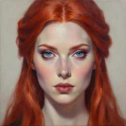 A detailed matte oil on canvas head on symmetrical portrait of a beautiful elven woman with blue red eyes and red hair by greg rutkowski and Charlie bowater, trending on artstationhd,  dungeons and dragons art