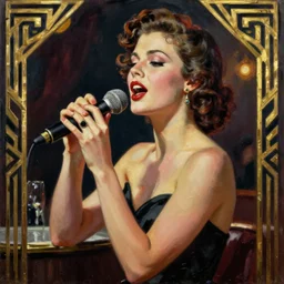 art deco painting of a sultry young woman singing jazz in a club, style of norman rockwell, album art