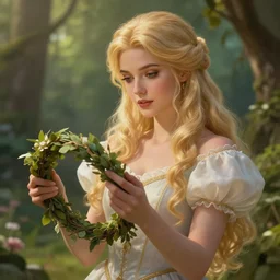 beautiful blonde woman in the image of a fairy - tale princess in the garden with a wreath in her hands, deep focus, d & d, fantasy, complex, elegant, highly detailed, digital painting, artstation, concept art, matte, clear focus, illustration, hearthstone, works by artgerm and greg rutkowski and alphonse mucha