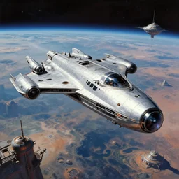 A highly detailed Sci-Fi concept art matte  painting set in space  by Pascal Blanché   of an intricate sleek silver space craft flying over an alien landscape and outposts  , trending on Artstation ,HD 4K , 70s retro sci-fi