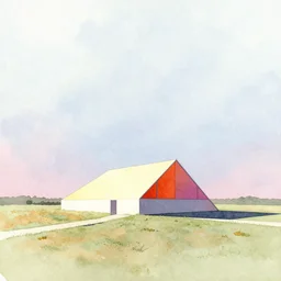 a colorful and extremely beautiful and minimalist masterpiece watercolor architectural illustration of an isolated structure in an open field in the style of lebbeus woods by rez,