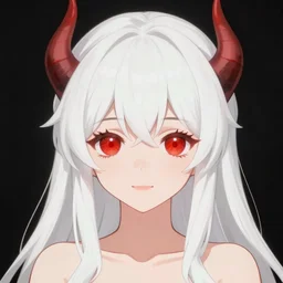 white hair red eyes two small horn on the head anime style anime girl