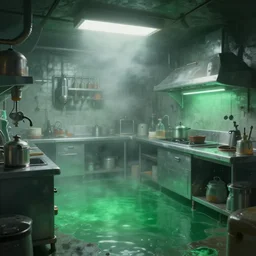 underground lab kitchen, green water, foggy, concept art