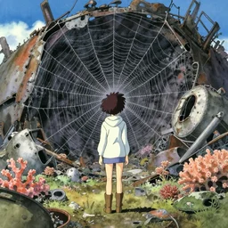 anime movie scene, mamoru oshii, otomo, ultra wide, vanishing point, hoody woman explorer, watercolor, empty, spiderwebs, scrapyard, coral reef, daffodils, billboards, sun beam, dusty volumetric lighting, rim light, paper texture, puddles, deserted shinjuku junk, brutalist, telephone pole, yellow, red