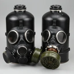 2 flattened black canisters bottom gas mask