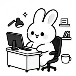 a cute fluffy rabbit sitting at a desk, pop surrealism art style, rubberhose animation character style, intricate, toon render, black ink on white paper