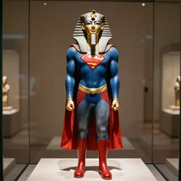 a museum exhibit of the ancient egyptian statue of superman in costume. high quality photograph