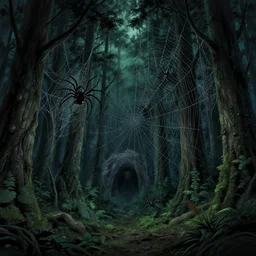 The Spider Thicket, dense coniferous forest. Spiders, thick massive visible spider webs, spider cave, spider den, hanging webbed bodies, creepy, spooky, scary, night, anime, lush trees, a fantasy digital painting by Greg Rutkowski and James Gurney, trending on Artstation, highly detailed