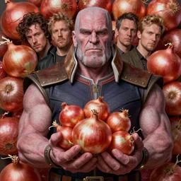 onion thanos holding onions, character portrait, ultra realistic, concept art, intricate details, highly detailed by greg rutkowski, ilya kuvshinov, gaston bussiere, craig mullins, simon bisley, surrounding onions