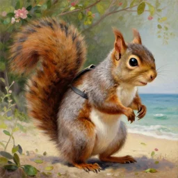 a giant fluffy squirrel carrying napoleon bonaparte on its back, beach scene, background flowers and foliage, detailed oil painting